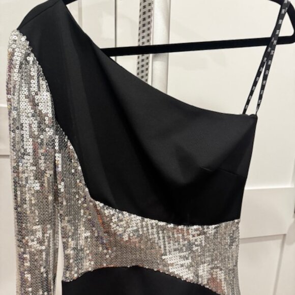 SHO by Tadashi Shoji, Sequin One-Shoulder‎ Black Scuba Dress, Size S, NWT - Picture 3 of 8